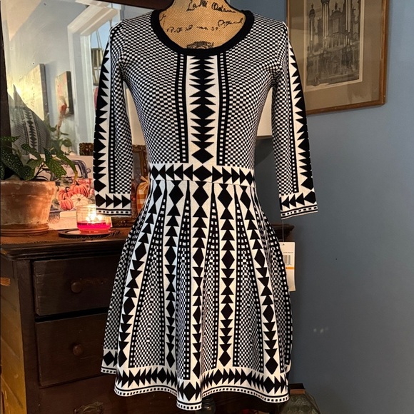 Nina Leonard Black and White Geometric Print Fit & Flare Sweater Dress NWT - Picture 5 of 15